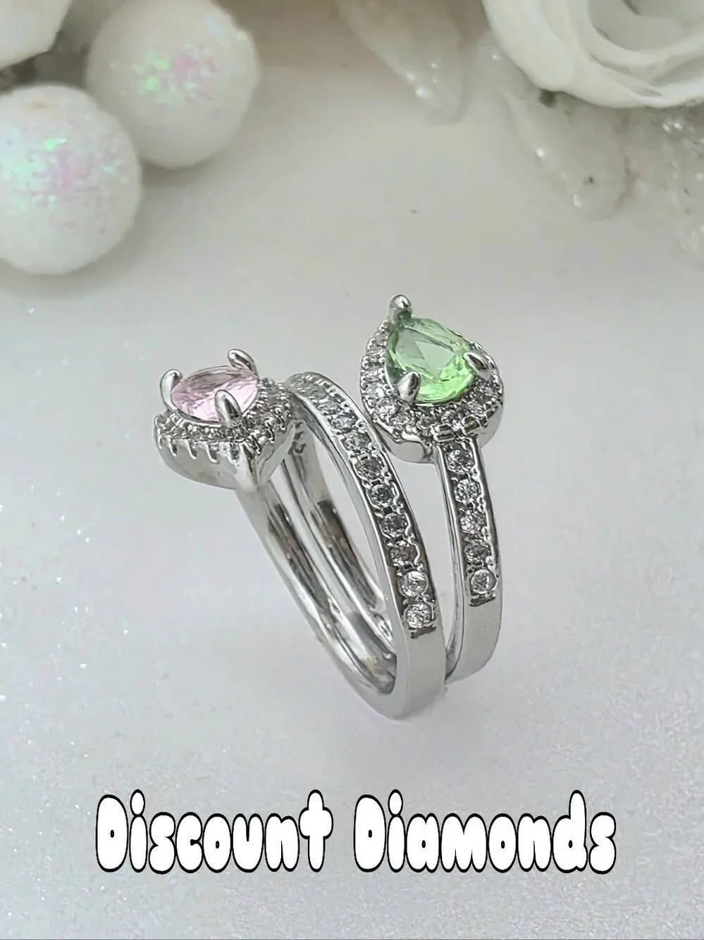 Pink & Green Pear Cut Diamonds & Baguette Diamond Cocktail Ring on 925 Silver